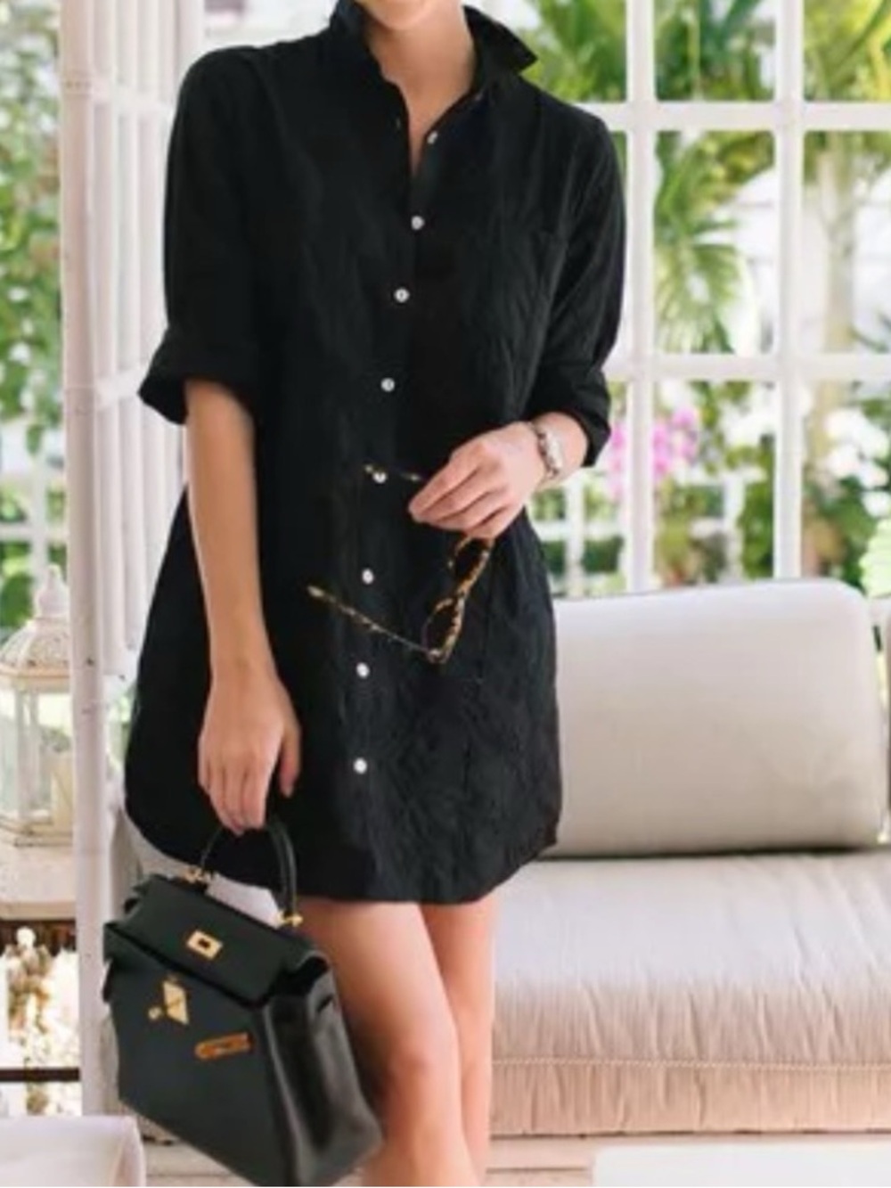Julia Amory Swizzle Embroidered Mini Shirt Dress Black Cotton XS